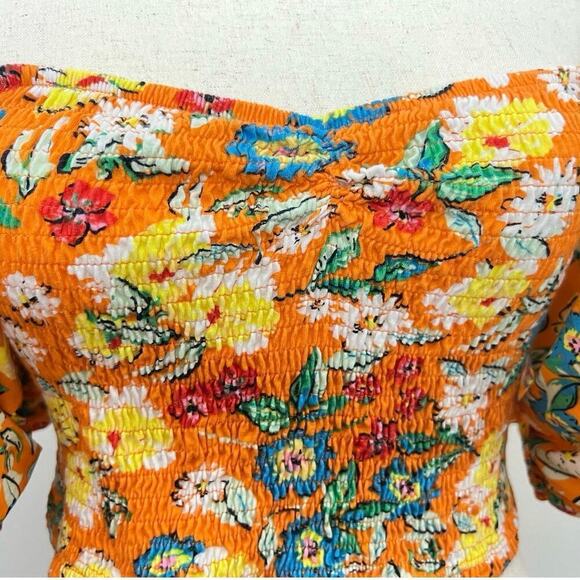 Zara Womens Balloon Sleeve Crop Top Flounce shirt Sz L Orange Floral Boho Fun - Picture 6 of 12